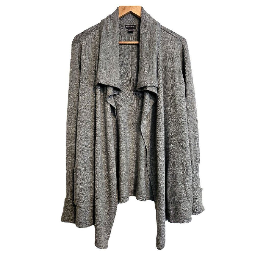 EDDIE BAUER Grey Merino Wool Blend Knit Draped Waterfall Cardigan Size X-Large